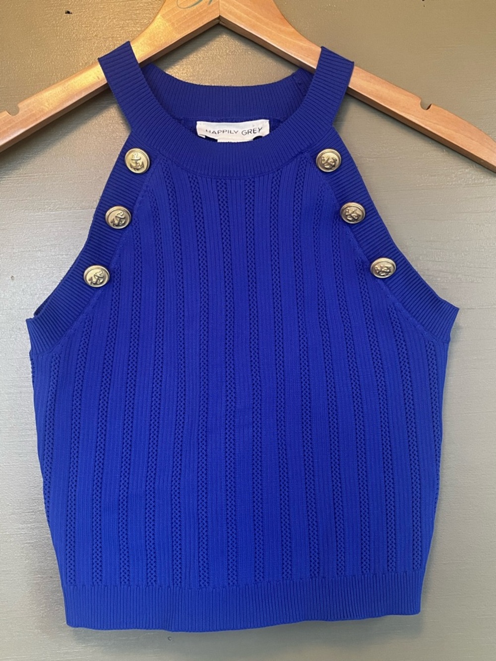 Happily Grey High-neck Sleeveless Ribbed Stretch Nautical Accent Button Crop Top